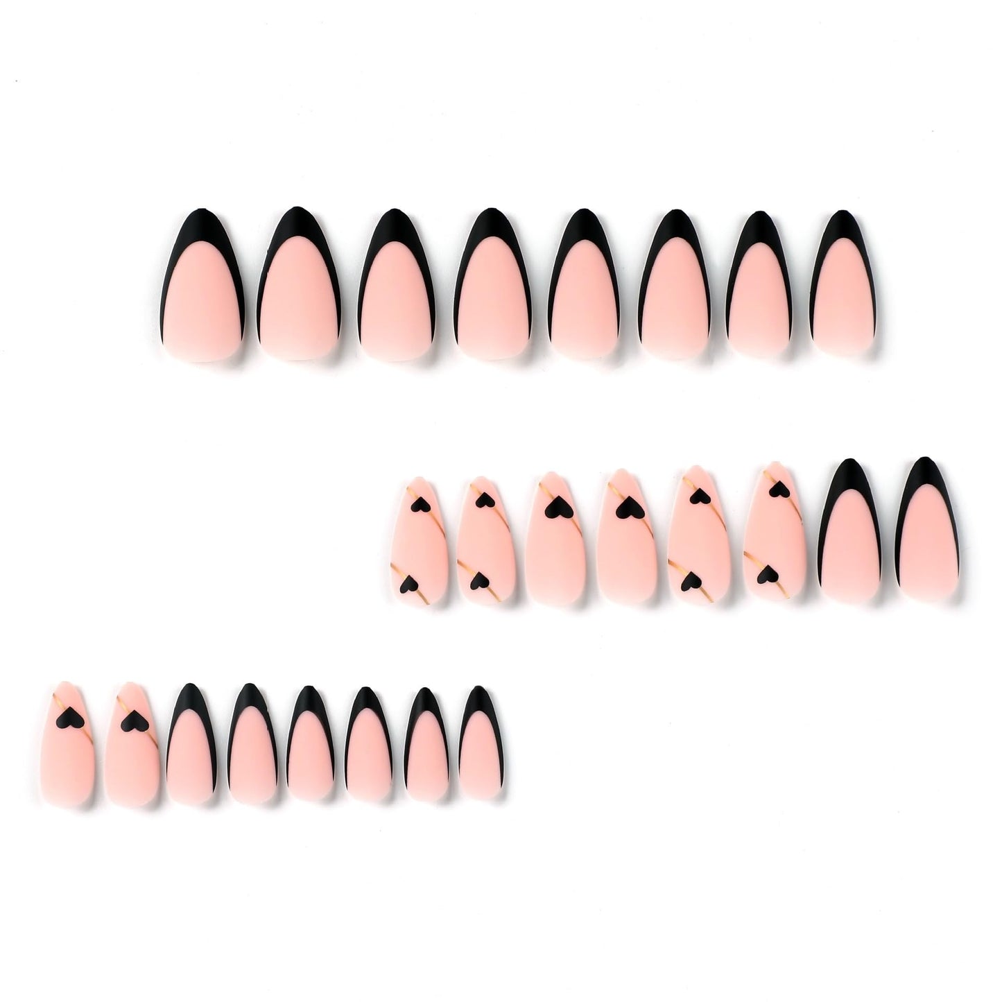 Black French Tip Press On Nails - Almond Medium Fake Nails with Gold Line Design - Heart Full Cover Stick On Nails for Women - 24 Pcs