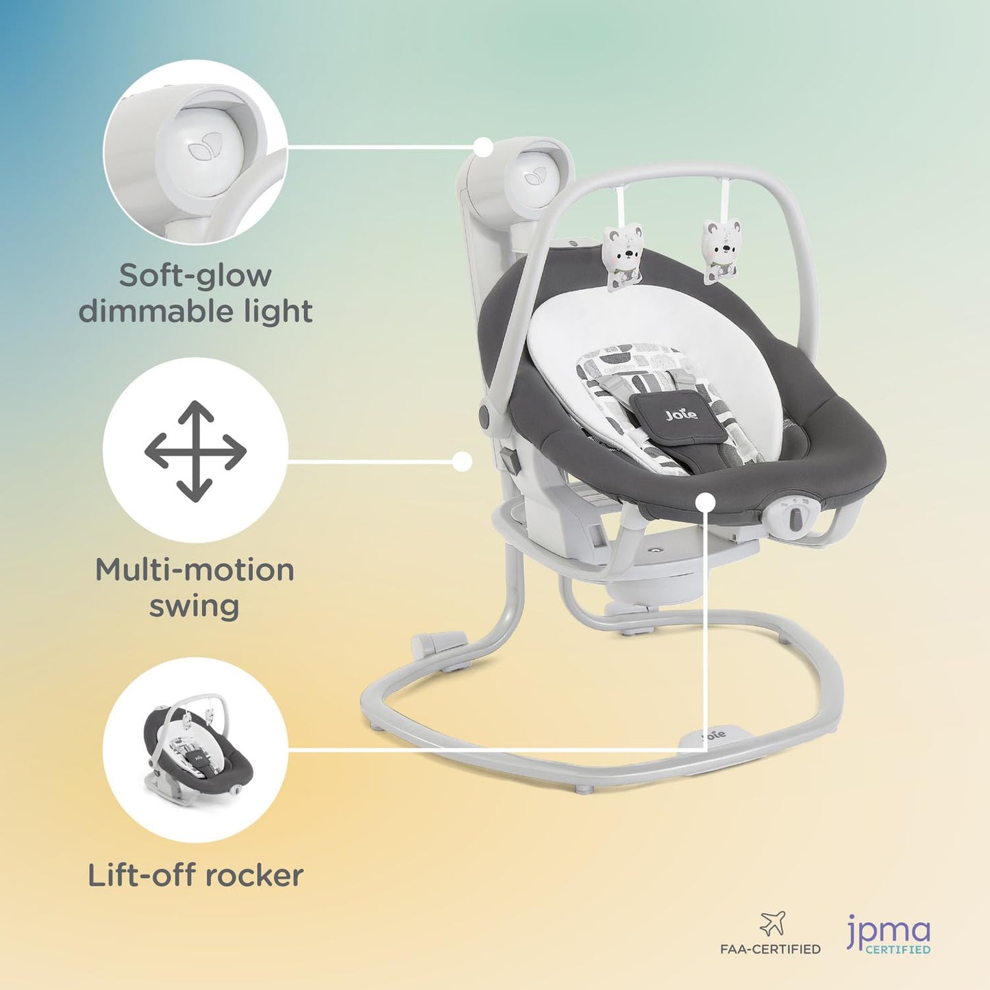 Joie Miso 2-in-1 Baby Swing & Rocker– Dual Motion Swing & Portable Rocker with 6 Speed Settings, Soothing Vibration, and 3 Recline Positions – Softglow Dimmable Light (Walnut)