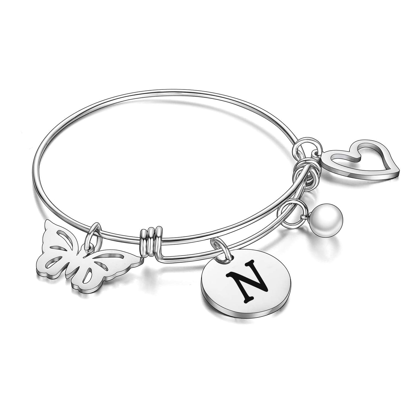 malyunin Initial Bracelet Charm Bracelets Heart Butterfly 26 Letters Alphabet Bracelet for Women Letter Bracelet Personalized Jewelry (N)