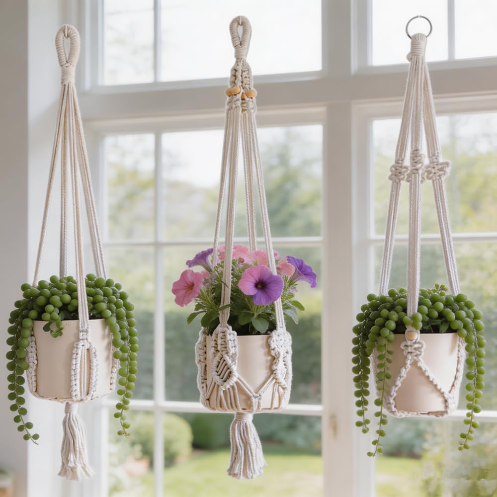 TENEWEE 3 Pack Macrame Plant Hangers Handmade Woven Boho Hanging Planters for Indoor Plants Window Balcony Home Decor