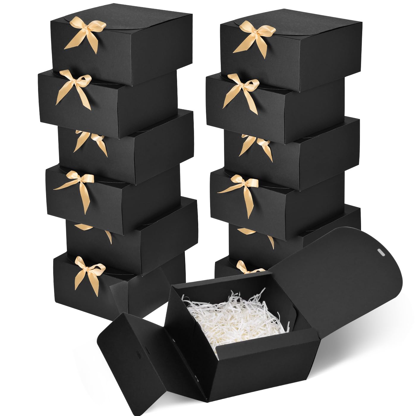 WLUSEAXI 12pack Gift Boxes with Lids,Black Gift Boxes Bulk with Gold Bow Ribbon,Bridesmaid Proposal Box for Presents Kraft Paper Boxes for Wedding,Christmas,Halloween,Baby Shower