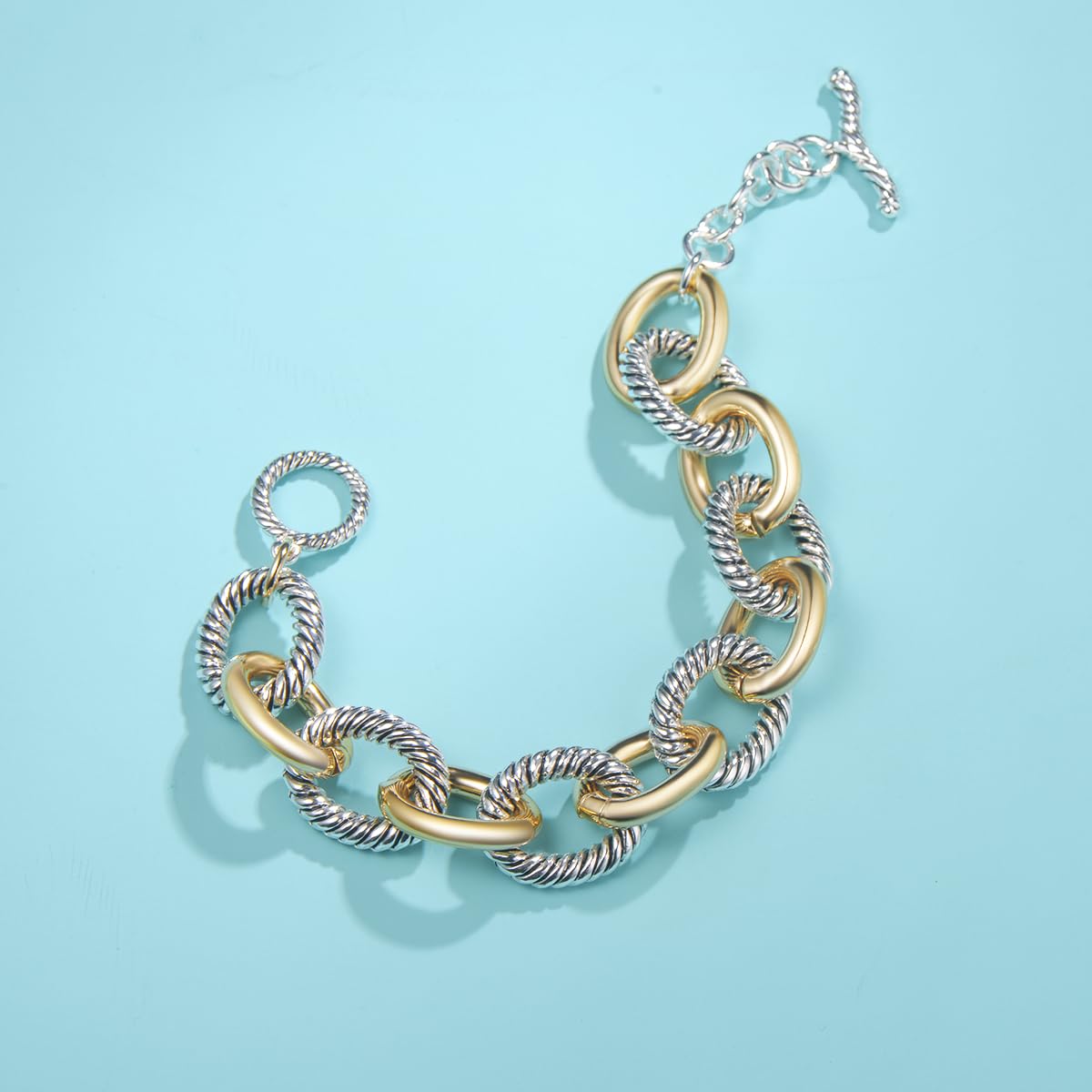 UNY JEWEL Bold Statement Cable Link Bracelet Oversized Round Two Tone Twisted Wire Chain Designer Inspired Fashion Jewelry for Women (Bold Statement Two Tone)
