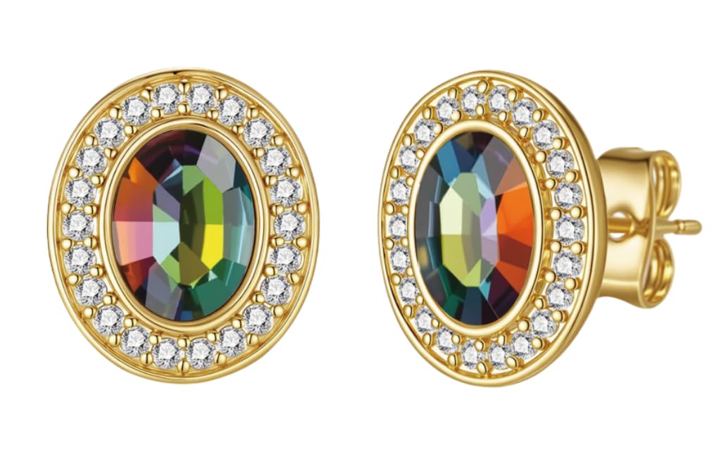 EVEVIC Austrian Crystal Halo Oval Stud Earrings for Women Trendy,14k Gold Plated Hypoallergenic Earring Jewelry Gift (Vitrail Medium)