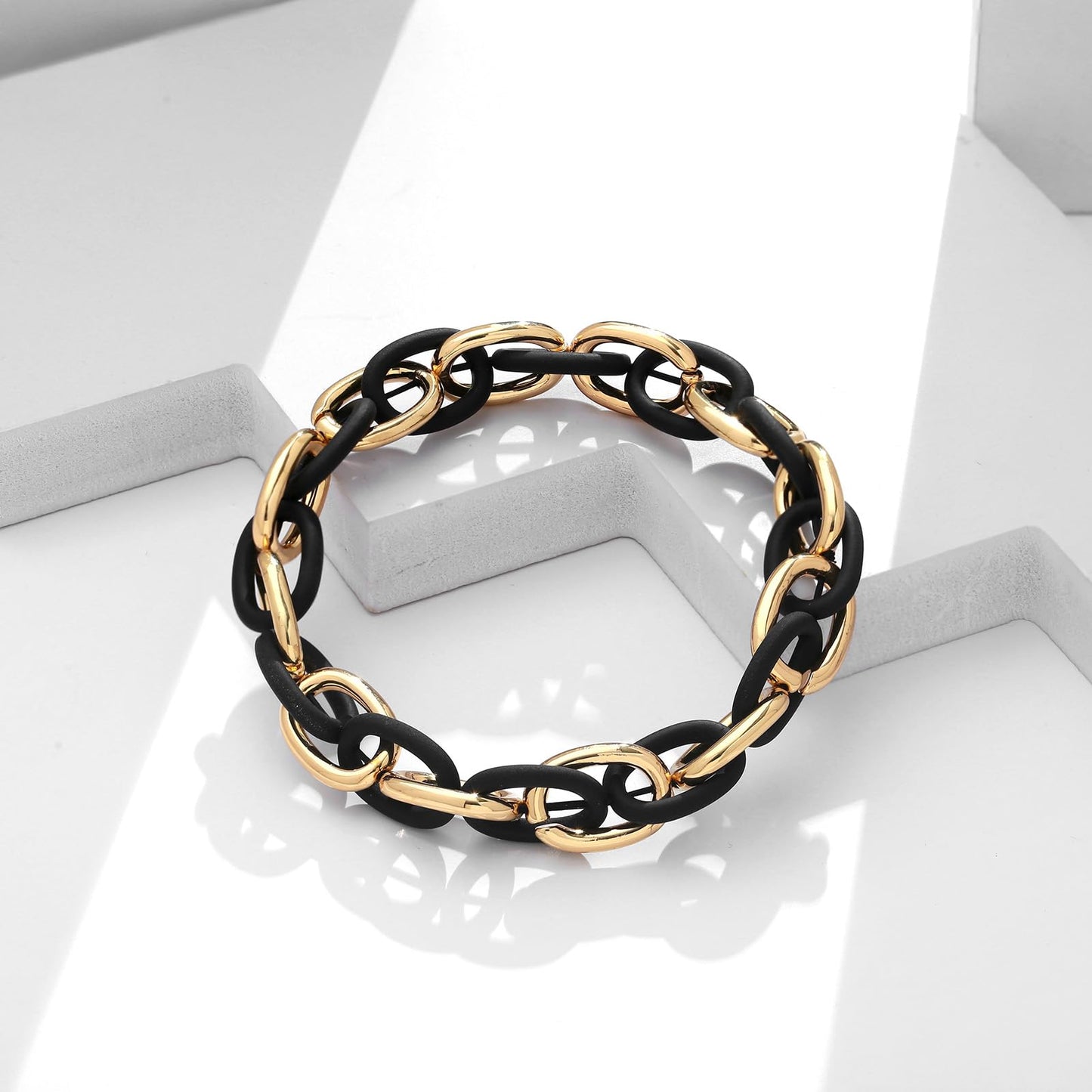 WOWORAMA Chunky Chain Bracelet for Women Men Black Gold Stretch Link Chain Bangle Bracelets Mixed Metal Thick Chunky Link Bracelet Elastic Adjustable Statement Bracelets