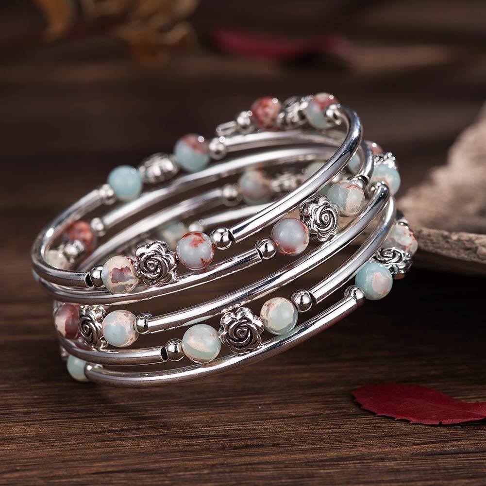 BULINLIN Wrap Bangle Rose Bead Bracelet - Beaded Bracelet with Natural Agate Stone Gifts For Women(01-Green)