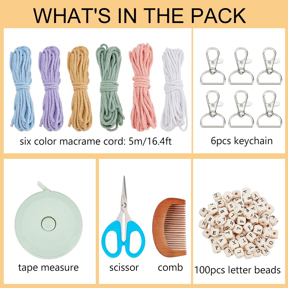 BEUNITONE DIY Macrame Cletter Keychains 6 Set Handmade Macrame Keychains for Beginners Boho Macrame Keychain Kit DIY Crafts Tassel Key Ring for Birthday Party with Instruction Keychain Making Kit