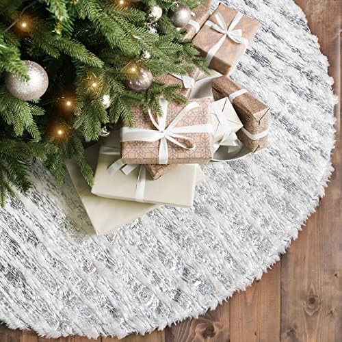 Xmas Tree Skirt White Bronzing Luxury Faux Fur Tree Skirt (Silver, 36in)