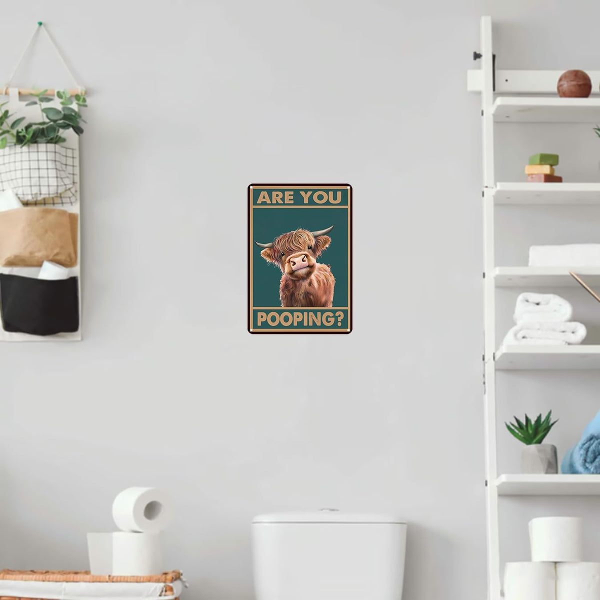 Vintage Highland Cow Tin Sign: Funny "Are You Pooping?" Bathroom Wall Decor for Western & Highland Cow Lovers 8 x 12 Inch (3039)