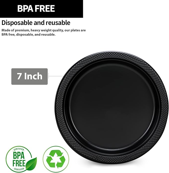 Hanna K. Signature Collection Black Plastic Plates 7 Inch - 600 count Solid Round Party For Weddings, BBQs, Birthday Disposable Dessert (81070 (case))