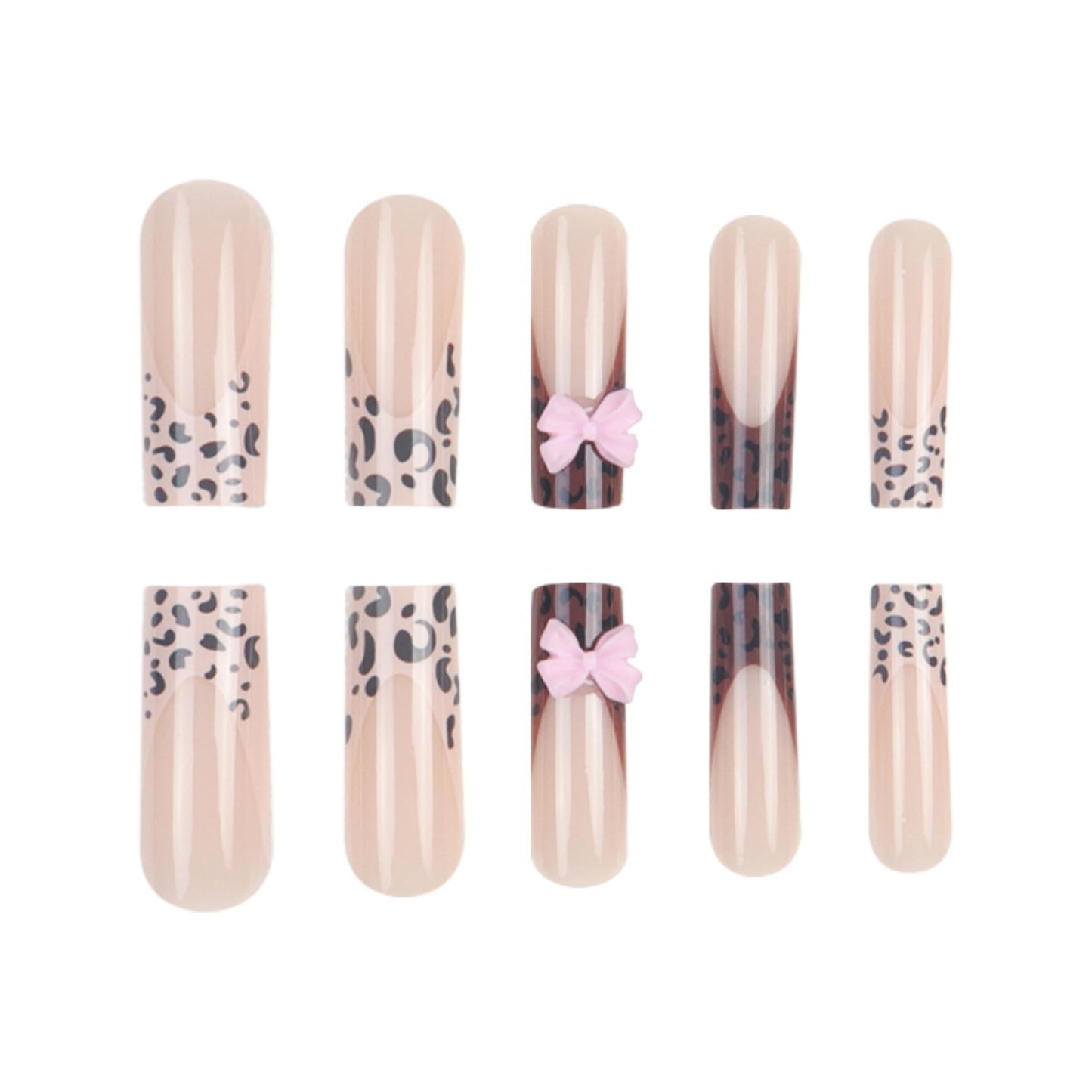 SEENEEY Long Press on Nails Square Fake Nails Brown Artificial Nail Bow Designs Stick on Nail for Women 24pcs