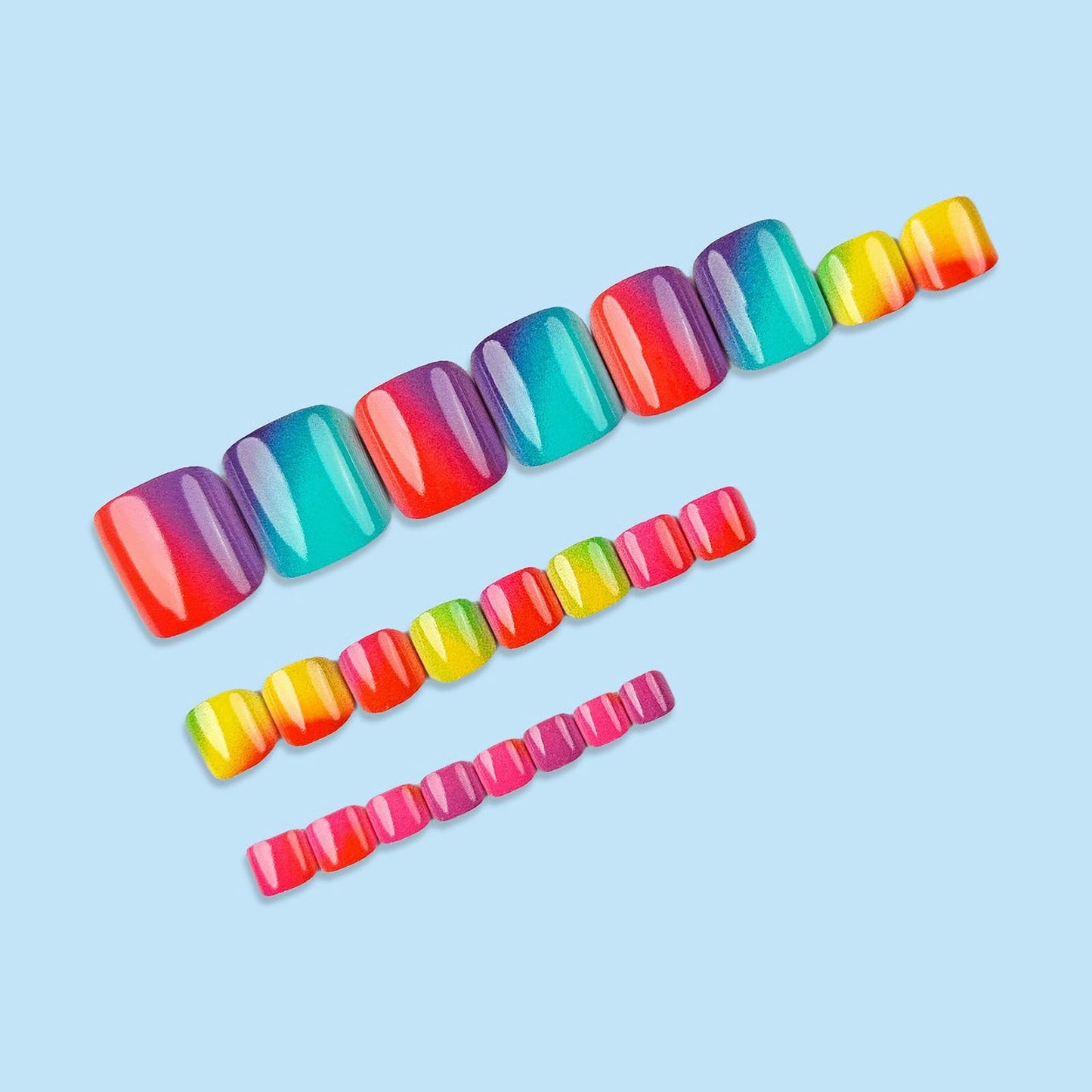 MISUD Press on Toenails - Fake Toe Nails with Colorful, Acrylic Toenail Rainbow Ombre Design 24 pcs