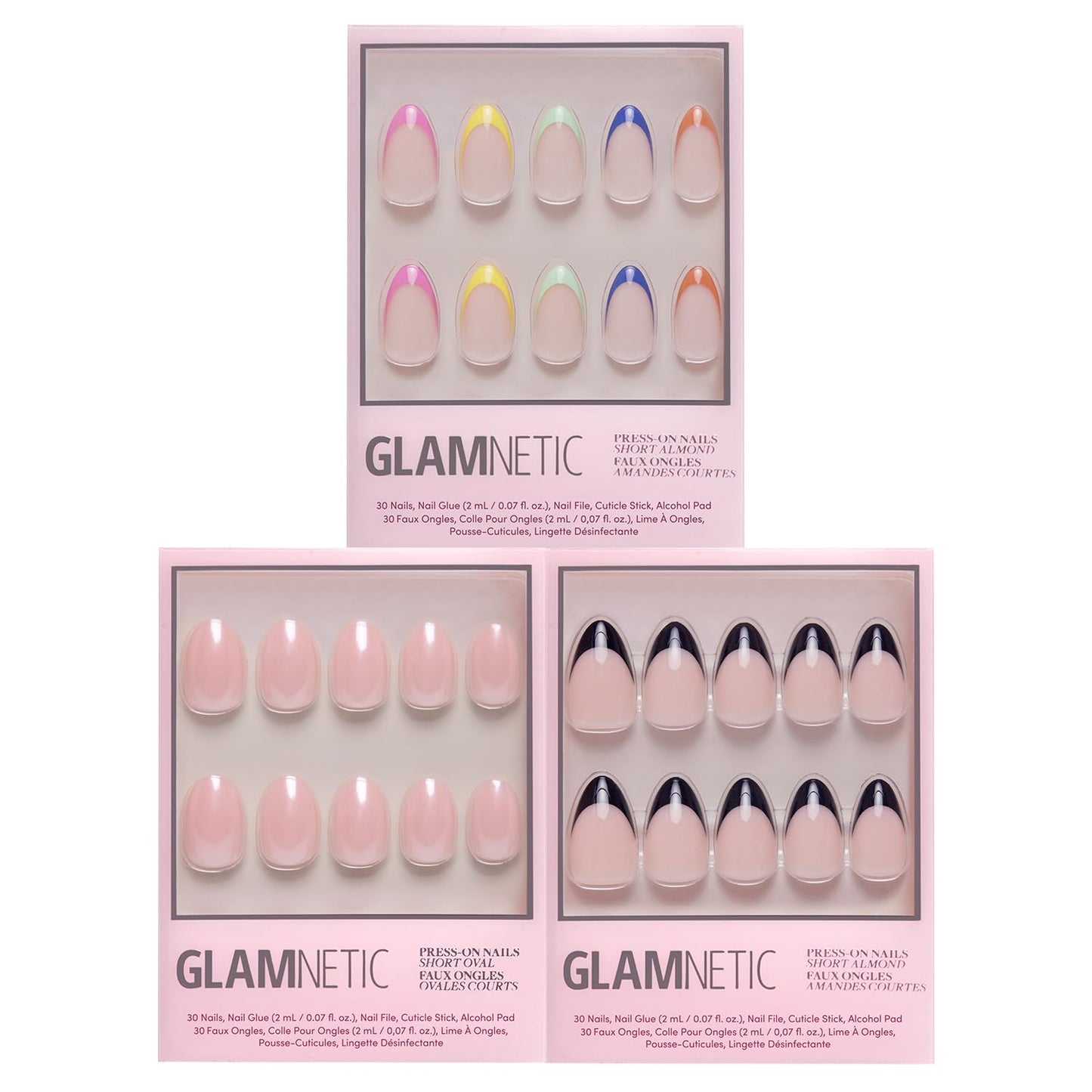 Glamnetic Press-On Nails Bundle - Pinch Me, Caviar & Sprinkles | Glazed Oval Blush Pink Fake Nails | Short Almond Black French Tip False Nails | Almond Rainbow French Tips