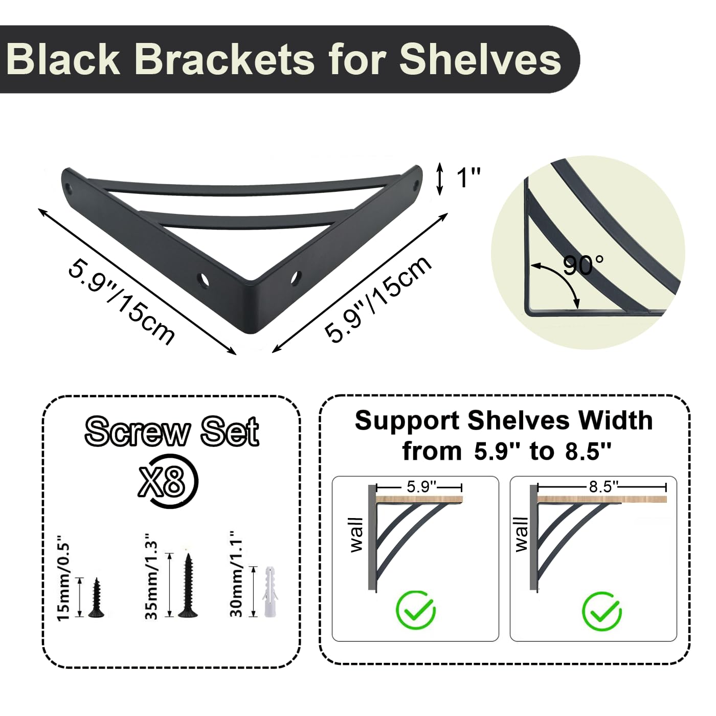 Z METNAL Decorative Shelf Brackets, Black Metal Shelves Bracket, Wall Decor, Modern Shelving Bracket for DIY Floating Shelves, 6 inch, 4 Pcs