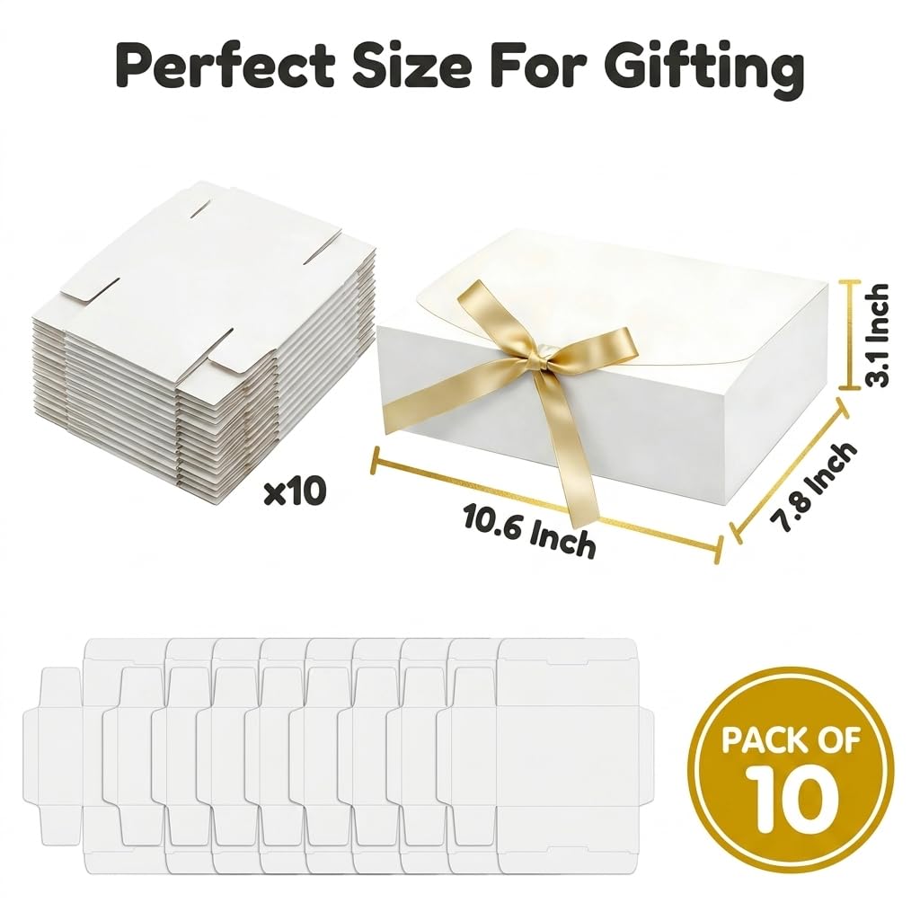 Treelement 10Pcs White Gift Boxes with Lids,10.6×7.8×3.1 Inch Bridesmaid Proposal Boxes with Ribbons and Stickers for Wedding Gifting,Birthday,Party Favors, Baby Shower,Return Gifts
