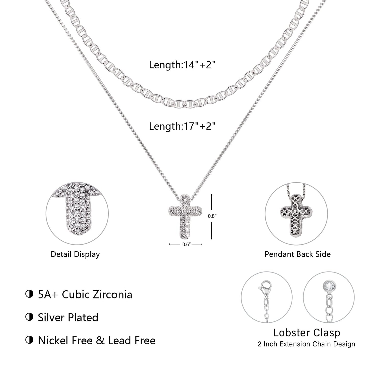 OGD Layered Silver Necklace for Women Silver Plated Cross Necklaces for Women Stackable Stacked Stacking Dainty Silver Necklace Mariner Chain CZ Cross Pendant Necklaces Set Simple Jewelry Gift