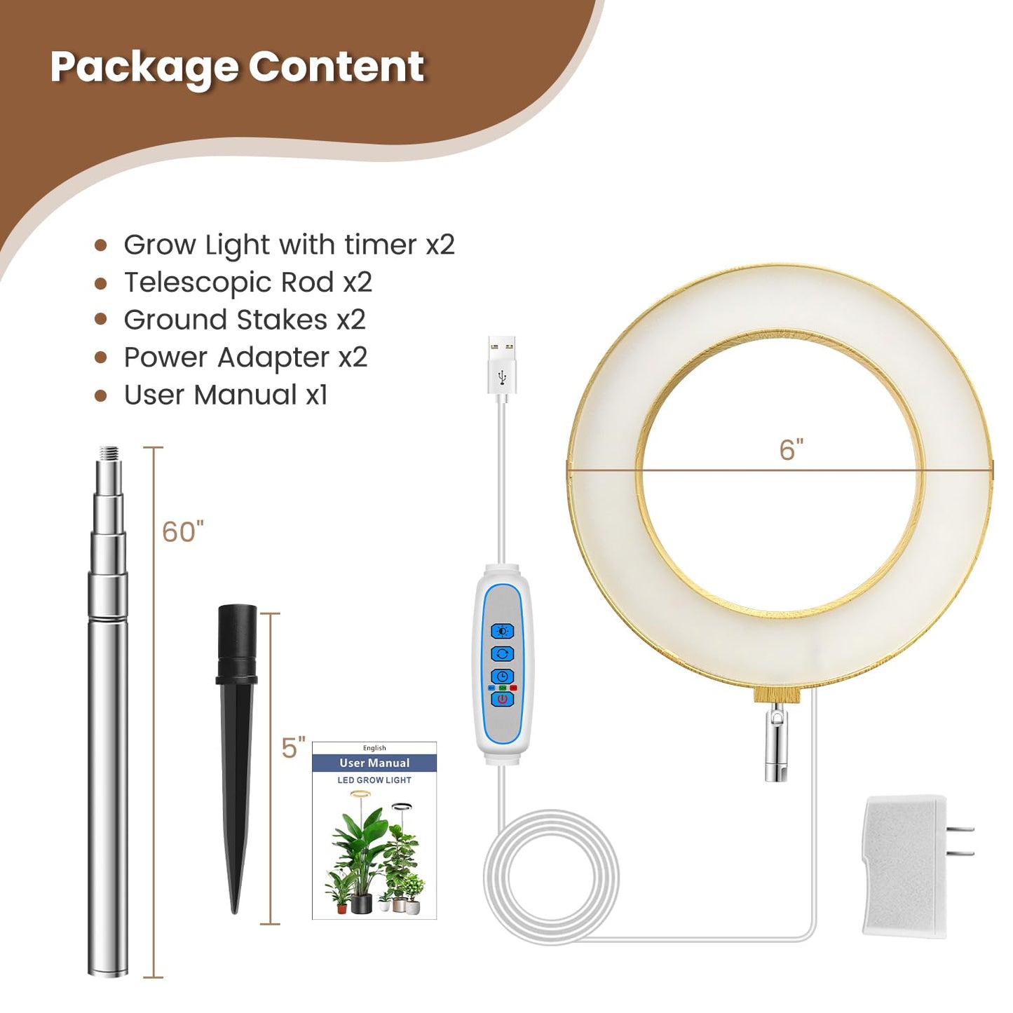 Aokrean Grow Light, Full Spectrum Plant Grow Light, Height Adjustable, Auto Timer, 3 Lighting Modes for Indoor Plnats, 5V