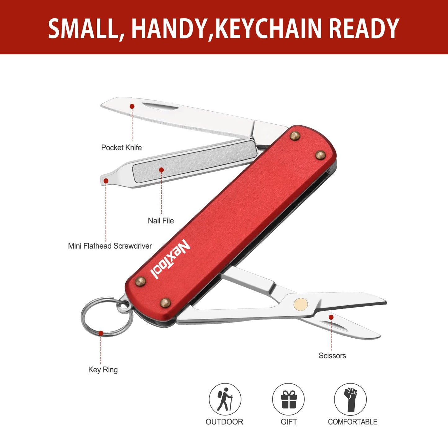 NexTool Keychain Knife, 5 in 1 Mini Multitool Key Chians, Small Pocket Knife with Key Ring, Scissors, Screwdrivers and Nail File, Cool Gadget Gifts for Men Women Dad Boyfriend Everyday Carry (Red)