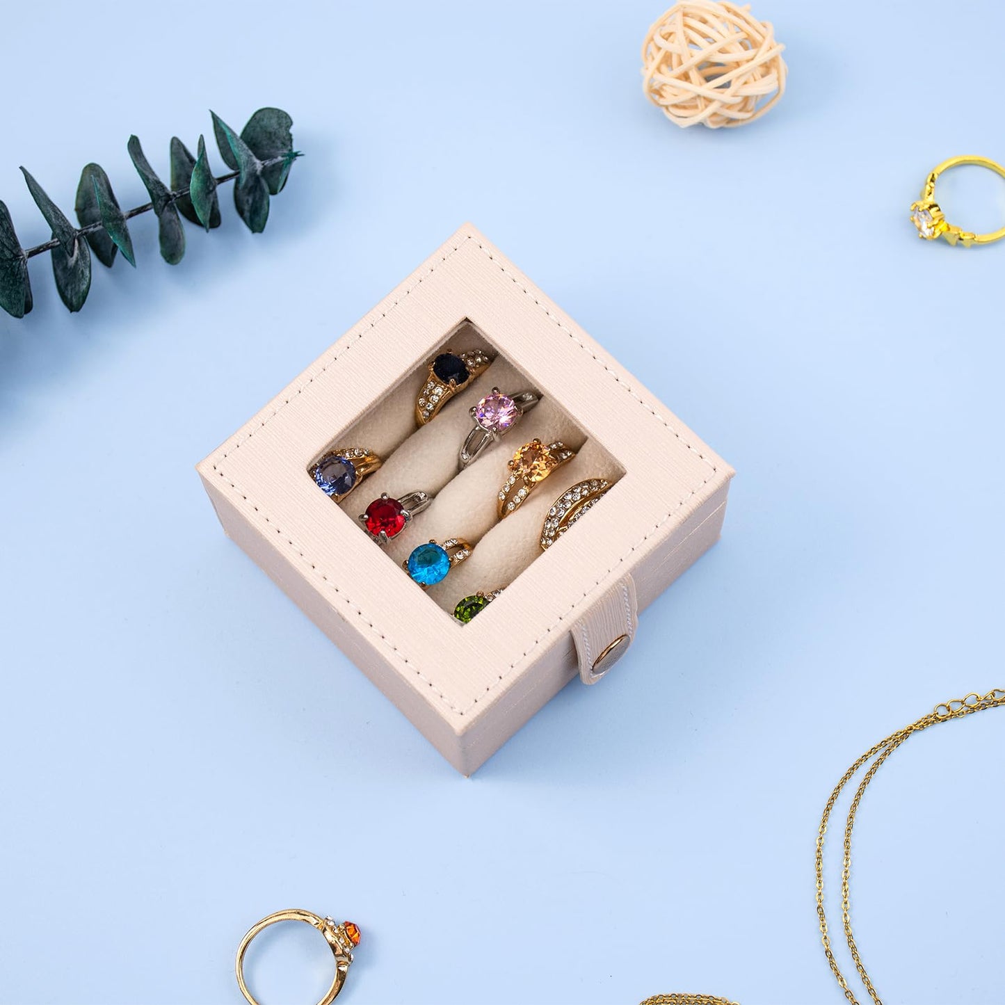 SANQIANWAN Small Leather Jewelry Box with Glass Top Mini Ring Display Case with 8 Slots for Selling Gift for Girls and Women (Pearl White)