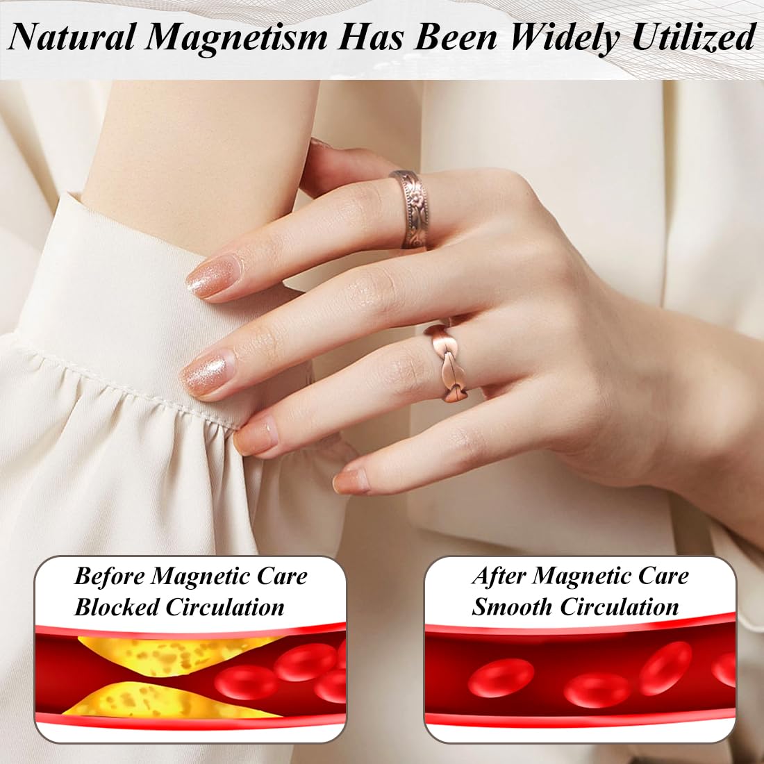 Vicmag Copper Magnetic Ring for Women, Magnetic Rings Ladies Fingers Thumb 100% Solid Pure Copper Jewelry Gift Adjustable (Rose Gold+Copper Flower)
