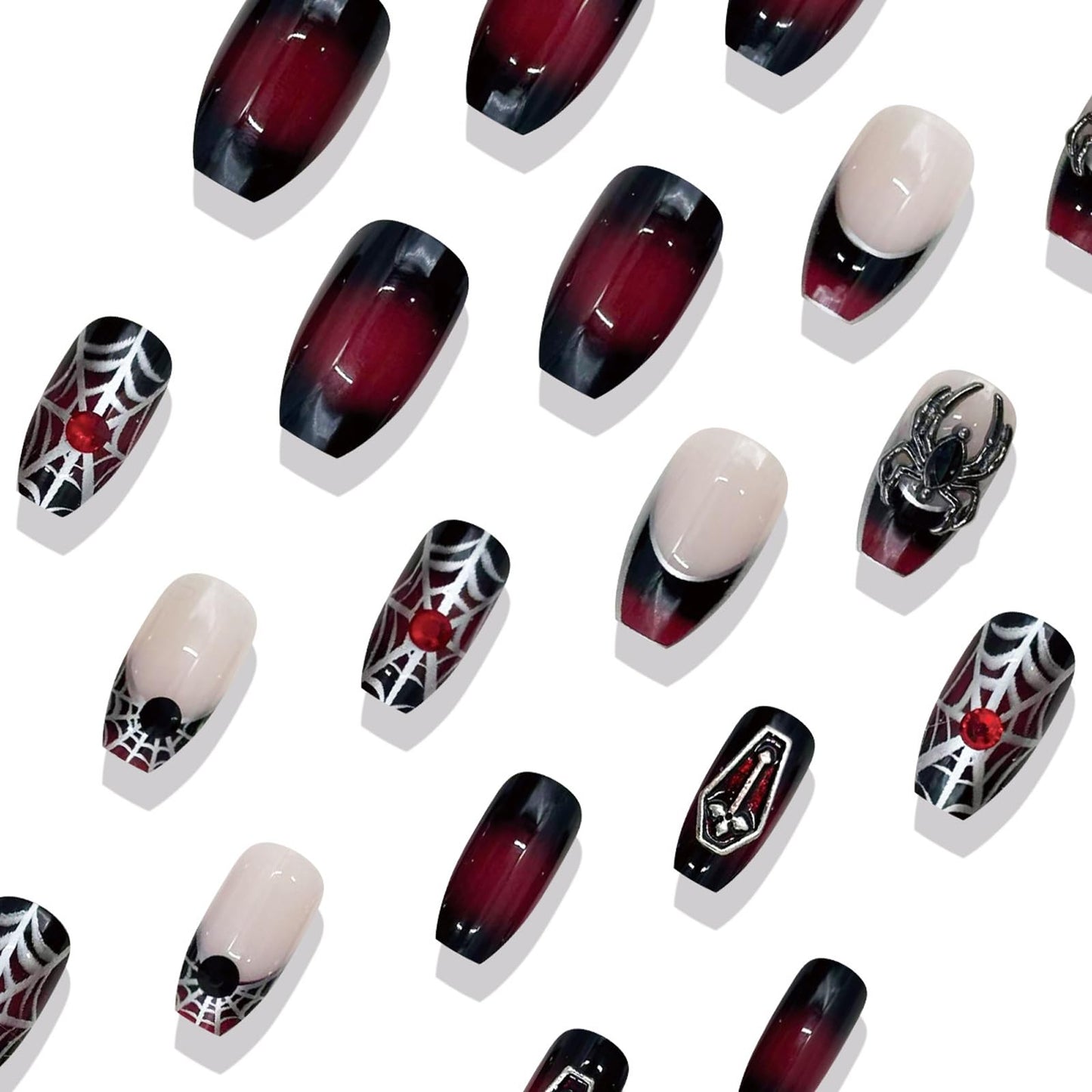 IMSOHOT Halloween Medium Coffin Press on Nails, Black Red Ombre with 3D Spider Glossy Acrylic Nails, 24PCS