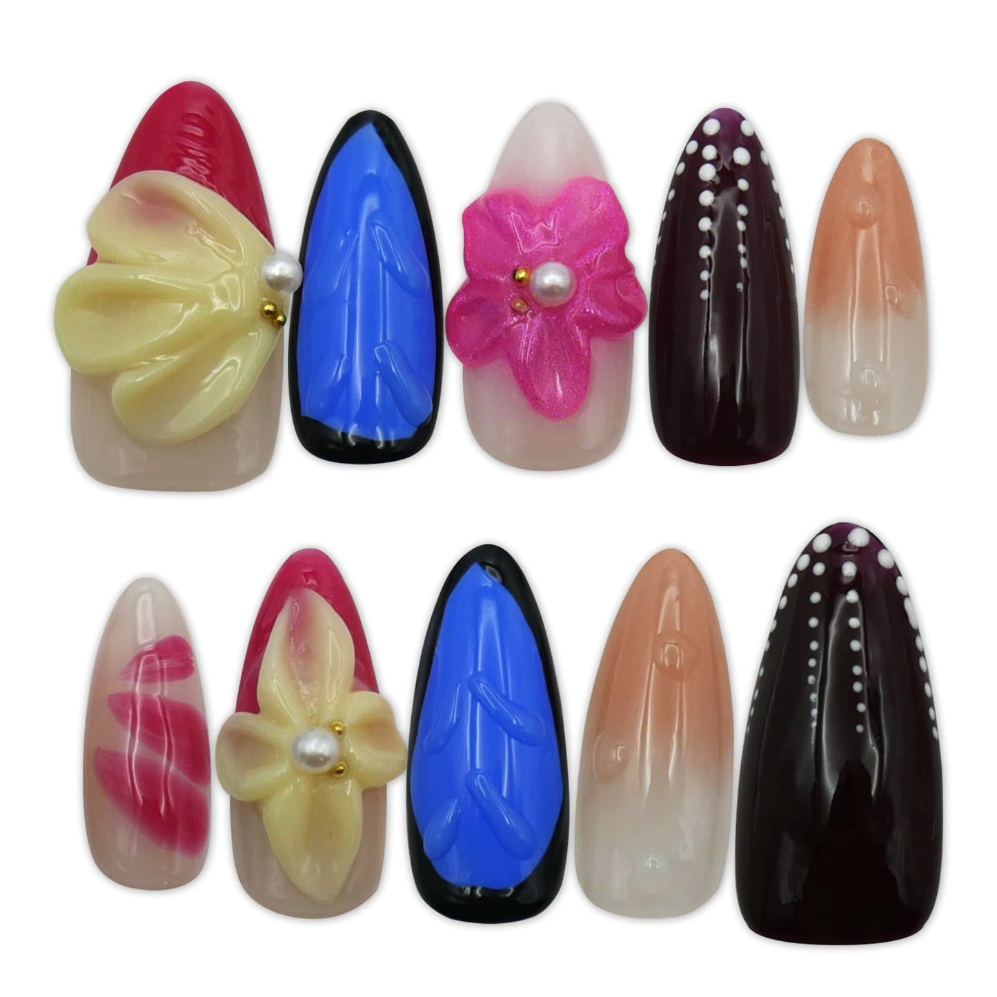3D Pink Flower Press on Nails Almond - Medium French Tip Fake Nails with Embossed Flower & wave point Designs, Glossy Finish Reusable False Nails with Glue Tabs - 10Pcs Nail Kit for Women Manicure.