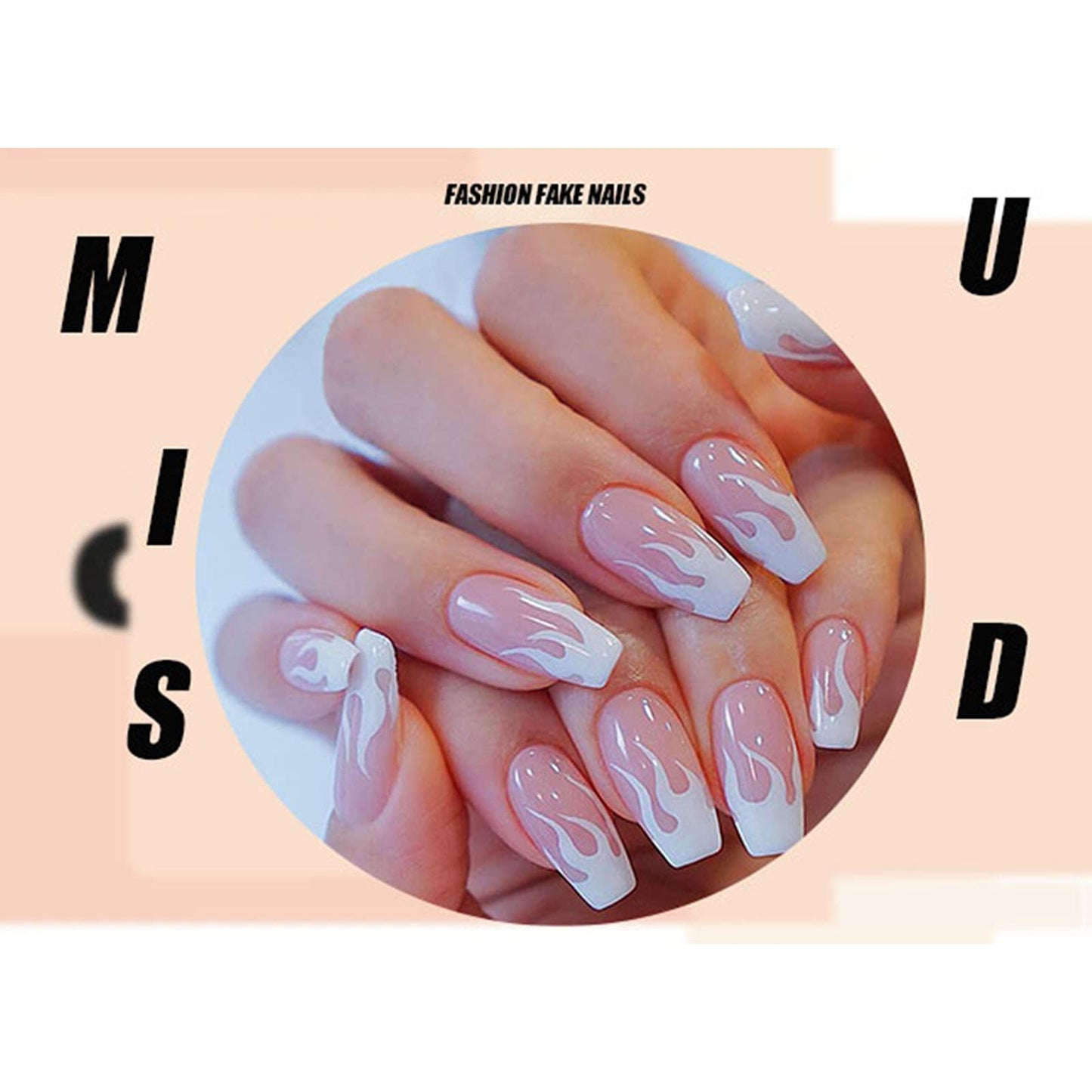 MISUD Press on Nails - Medium Coffin Fake Nails, Acrylic Pink White Flame Design 24 pcs