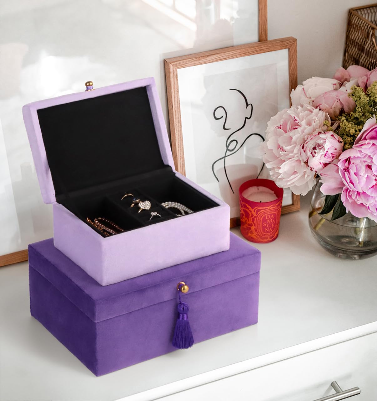 HofferRuffer Velvet Jewelry Boxes Decorative Boxes, Storage Accessory Organizer Boxes with Elegant Handle Decor, Classic Velvet Set of 2 Pieces (Purple)