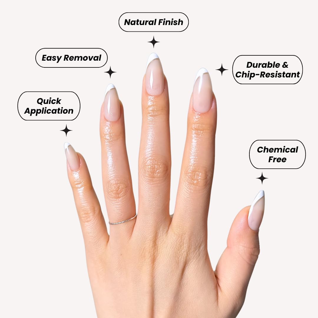 PerfectLook Press On Nails - Silk Glow | No Glue Short Almond French Tip Nails with Gold Line, Nude Glossy Nails - 24 Pcs Nail Kit with Adhesive Tabs