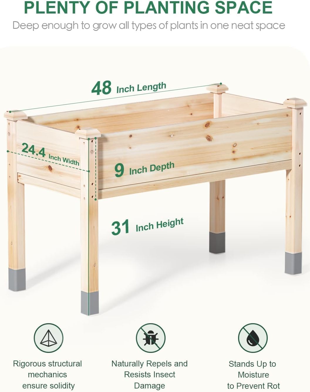MIXC 331 lb Capacity Wooden Raised Garden Bed with Legs, 48x24x31 in. Elevated Reinforced Large Planter Box for Vegetable Flower Herb Outdoors - Beam and Column Structure - Unmatched Strength Outlast