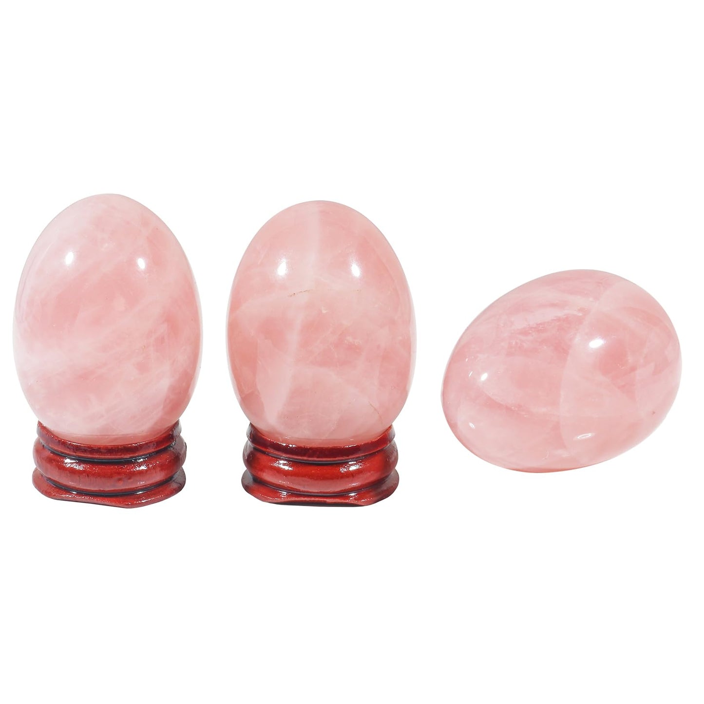 Fekuar Stone Egg Figurine, Polished Healing Crystal Easter Eggs Sphere Sculpture with Wood Stand, Natural Rose Quartz, 1.8"
