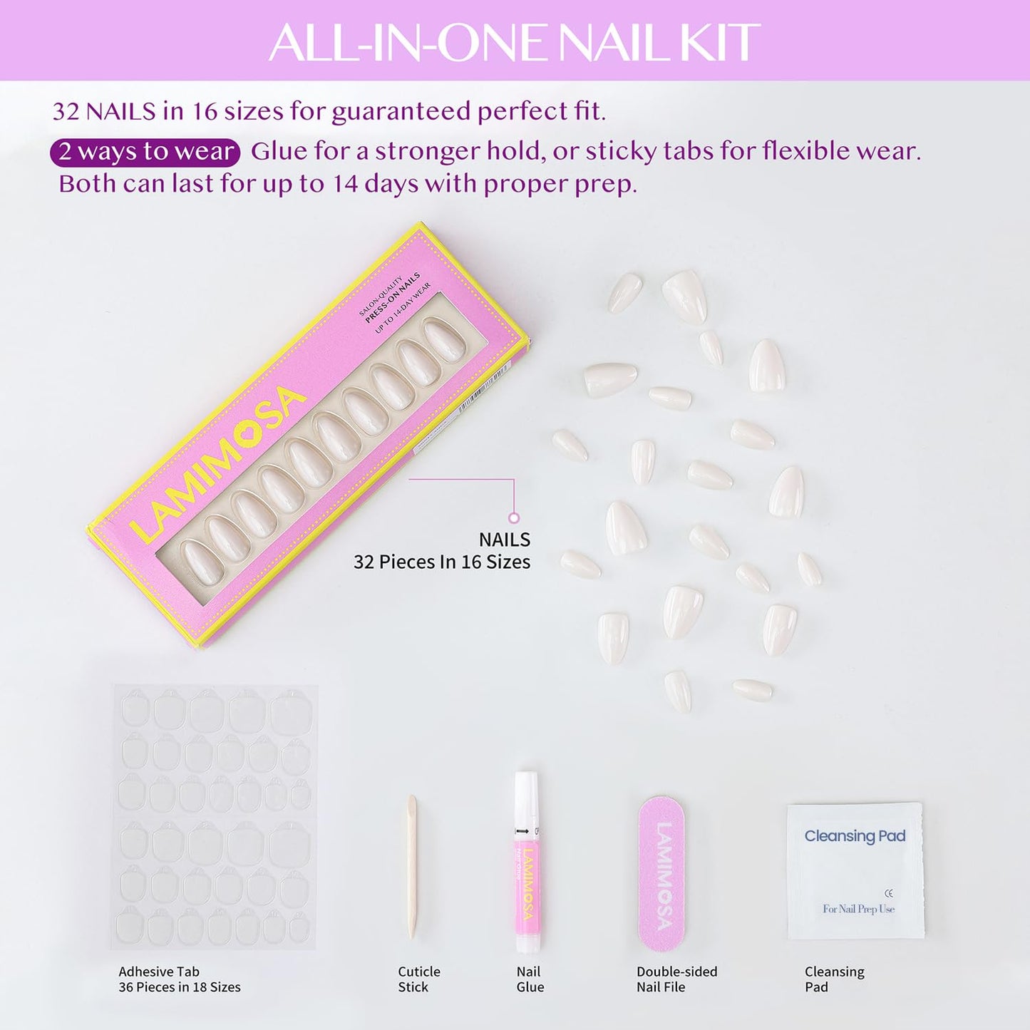 LAMIMOSA 32Pcs Press On Nails Short Almond – Pastel White Nail Kit, Soft Gel Fake Nails in 16 Sizes, Reusable Glue on Nails, ALMOND MILK