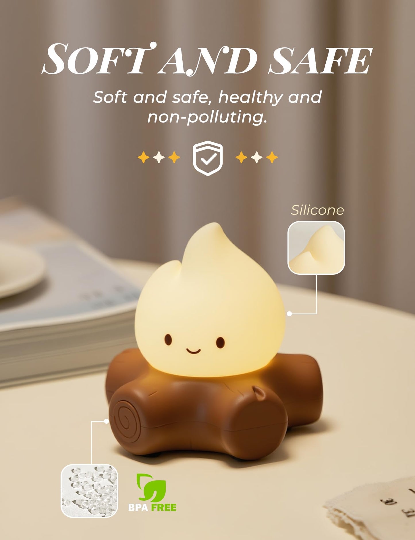 BANDIANCY Chibi Campfire Night Light, Silicone, LED Flickering Flame Lights, Dimmable, Rechargeable Bedside Nightlight, Anime Kawaii Lamp Décor