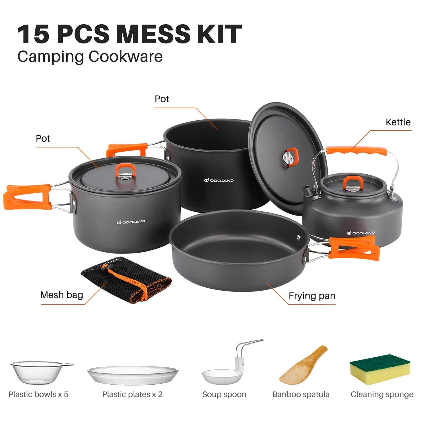 Odoland 15pcs Camping Cookware Non-Stick Lightweight Camping Pots and Pans Set with Kettle Plastic Plates Bowls Soup Spoon for Camping, Backpacking, Outdoor Cooking and Picnic (15PCS w/Kettle)