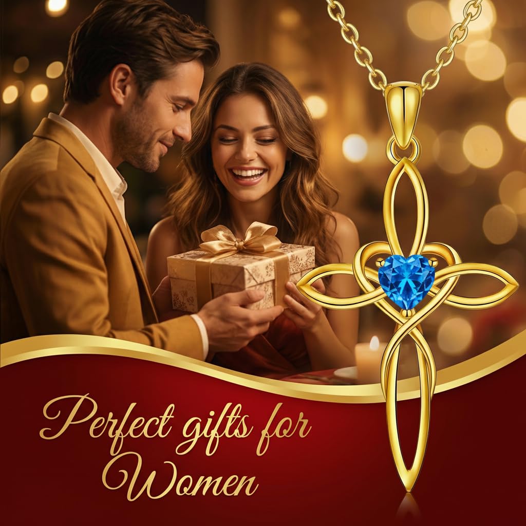 POIUY Celtic Knot Cross Birthstone Necklace for Women 14K Gold Irish Infinity Heart Pendant Cross Jewelry Anniversary Baptism Faith Valentines Birthday Mothers Day Gifts for Mom Wife Her