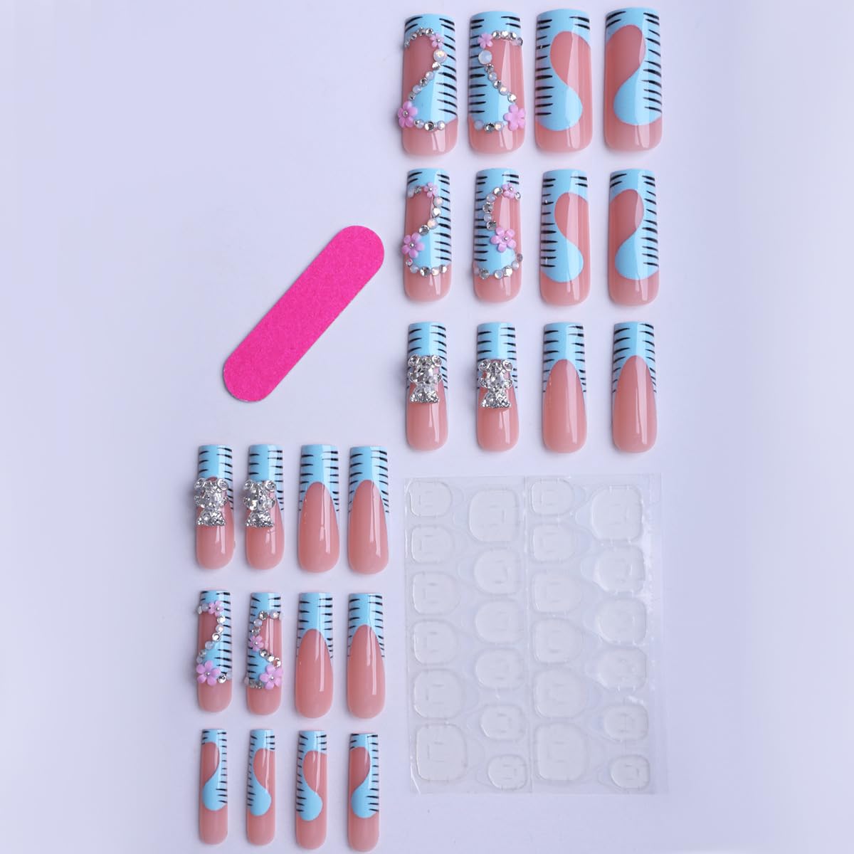 plalely Long Square Press on Nails,Handmade Acrylic Press on Nails with Designs，Long Press on Nail for Women 24pcs