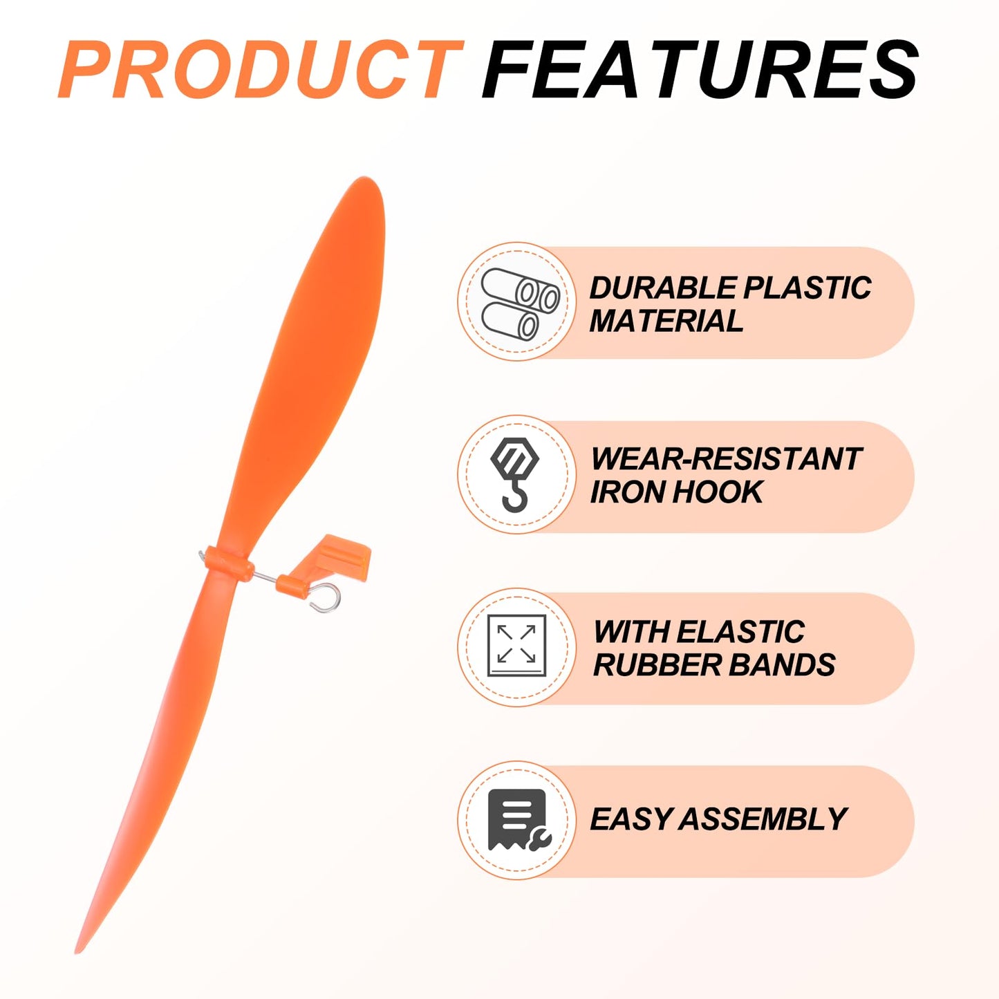 MECCANIXITY Plastic Propeller, Propeller Props Blade with 12" Wood Rod Rubber Band Helicopter Kit 7" Fold Resistant for STEM Activities Powered Airplanes DIY Science(Orange, Pack of 5)