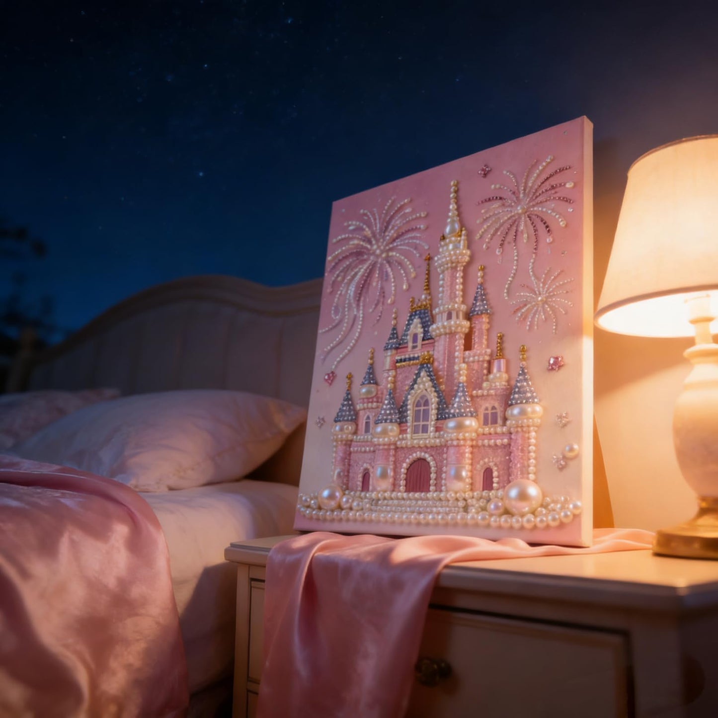 Jendfert DIY 3D Pearl Painting Kit, Castle Design with Fireworks, Plastic Pearl Art Craft for Adults and Beginners, Home Wall Decor - No Framework