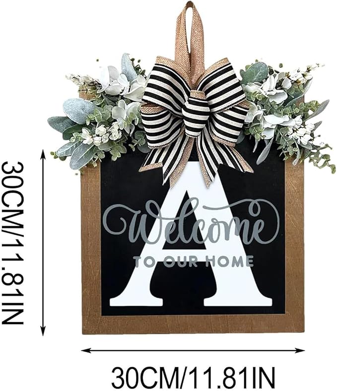 Last Name Year Round Front Door Wreath Front Porch Decoration 26 Letter Welcome Sign with Eucalyptus Garland and Bow Spring Wreaths for Front Door Outside Hanger Garland（A）