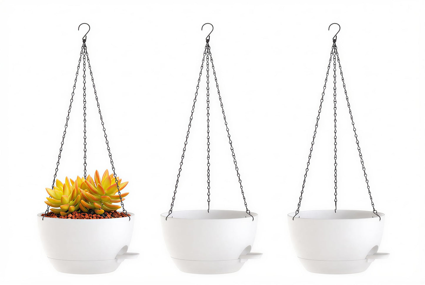 XQSHPDM Hanging Planters, 3-Pack 10 Inch Self-Watering Pots with Drainage Holes and Chains, Matte Plastic Planters for Indoor/Outdoor Plant（White）