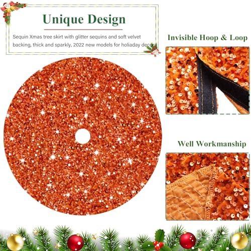 Orange Christmas Tree Skirt 21 Inch Fall Tree Skirt Sequin Velvet Tree Skirt Mini Xmas Tree Skirts Halloween Tree Decoration Glitter Christmas Tree Cover Skirt Mat for Holiday Christmas Tree Ornaments