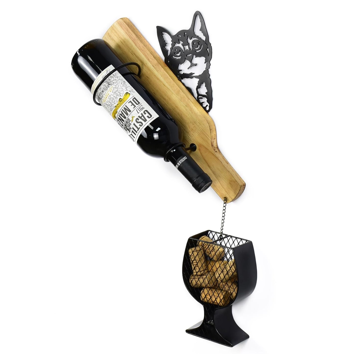 Drincarier cat Wine Rack Wall Mounted with Cork Holder, Hold 1 Bottle and Some Corks, Creative Metal & Wood Wall Wine Rack with Wine Cork Holder (Black)