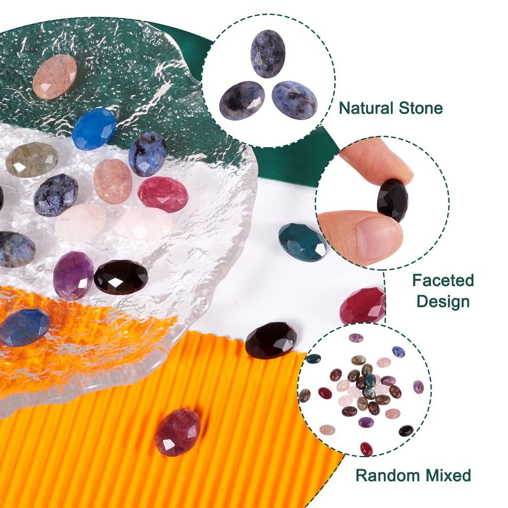 Fashewelry 30Pcs 14x10mm Mixed Natural Stone Cabochons Flat Back Oval Cameo Tiles Faceted Self Adhesive No Hole Gemstone Beads for Bezel Tray Chakra Healing Crystal Cover Cabs for Jewelry Making