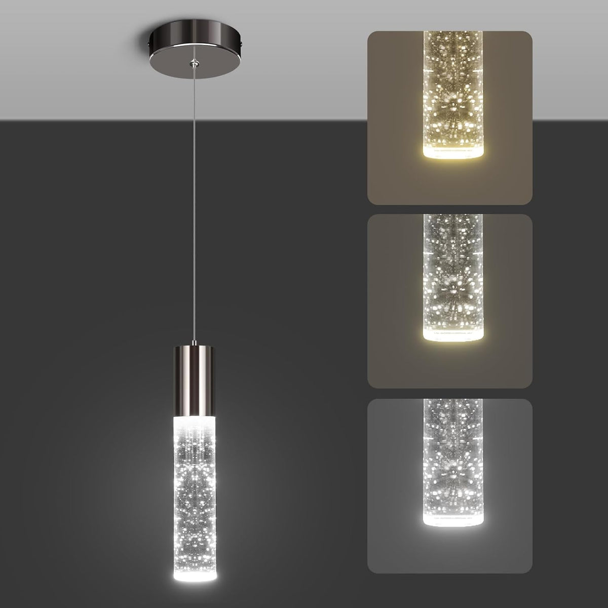 OKELI Modern Pendant Light,3Color LED Bubble Crystal Island Light Fixtures,Black Mini Pendant Lighting for Kitchen Island,Bar,6W,3000-6000K,ETL