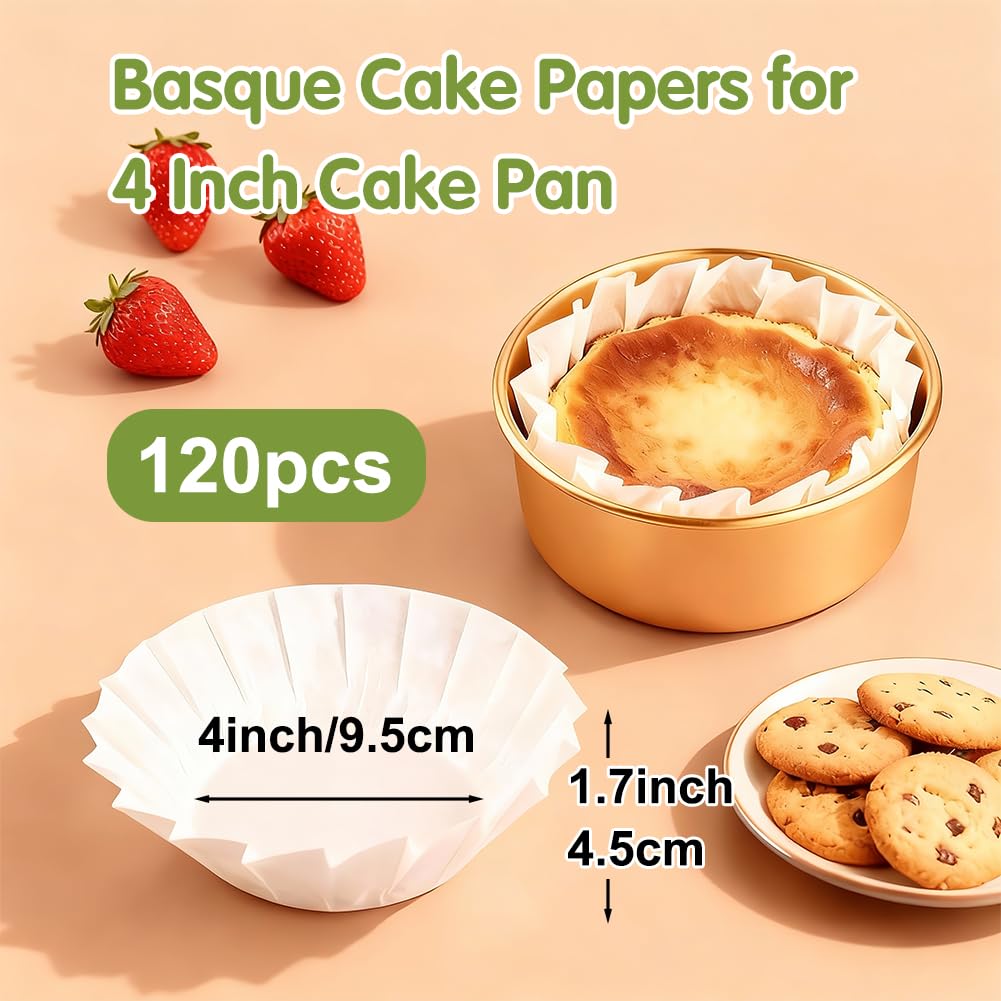 YQL 120PCS 4 Inch Disposable Basque Cake Paper Liners, Non-Stick Parchment Wrappers for Cheesecake, Muffin, Cupcake, Baking Paper Cups for Oven, Air Fryer, Microwave, White