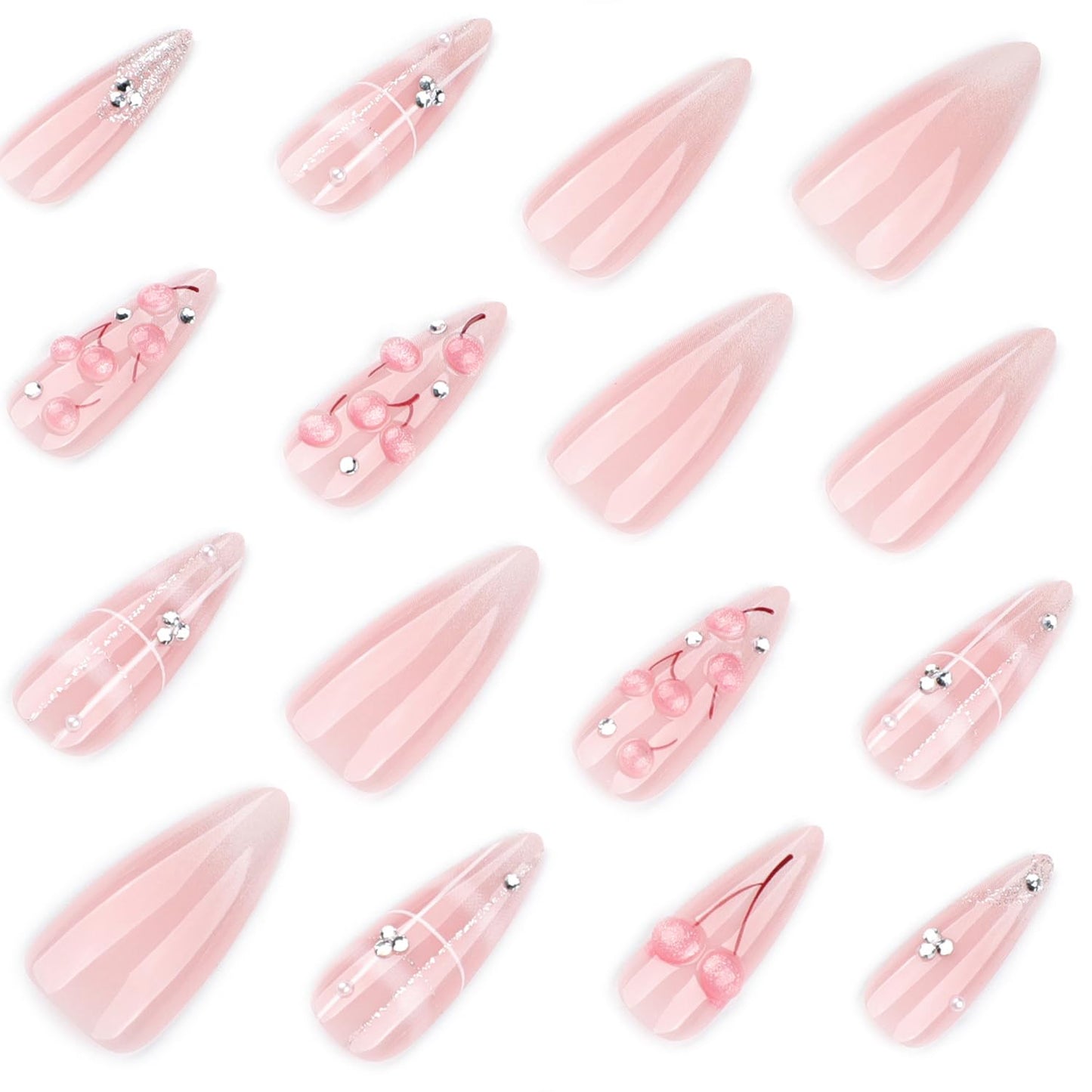 Almond Press On Nails Medium Long Fake Nails Press Ons With 3D Cherry Rhinestone Design Acrylic Nails Silver Bow False Nails Pink Glossy Glue On Nails For Women