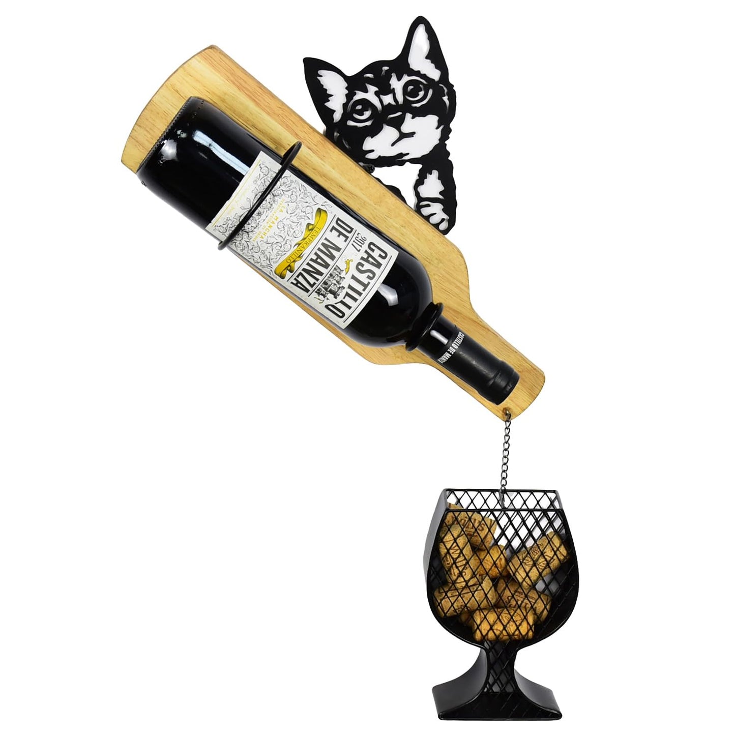 Drincarier cat Wine Rack Wall Mounted with Cork Holder, Hold 1 Bottle and Some Corks, Creative Metal & Wood Wall Wine Rack with Wine Cork Holder (Black)