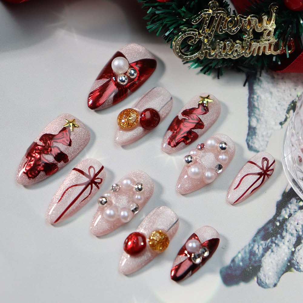 GLORS Christmas Press On Nails, Medium Length Almond Shape, Pearl and Red Bow Design, Holiday Theme, 10 Pieces (Small, MB)