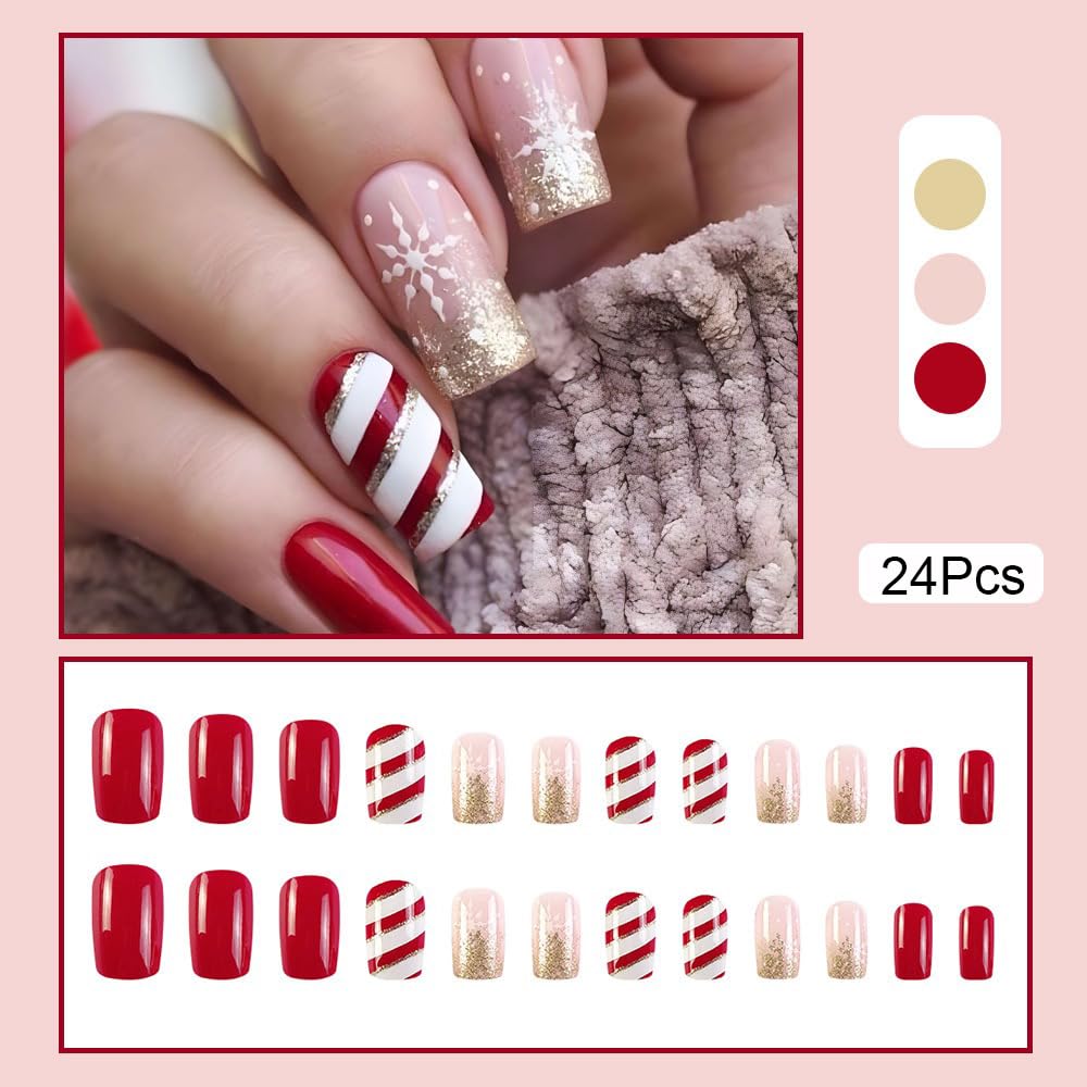 Christmas Press on Nails Gold Medium Square Fake Nails White Snowflake Full Cover Red Candy Christmas Nails Glossy False Nail Artificial Acrylic Nail for Women Girls 24 Pcs