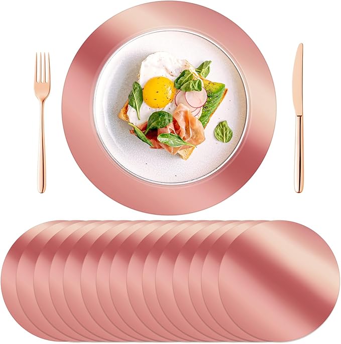 KesaPlan 50PCS Round Rose Gold Placemats, 13" Disposable Paper Placemats for Dining Table, Mirrored Rose Gold Charger Place Mat for Kitchen Banquet Table Setting Wedding Birthday Dinner Party Decor