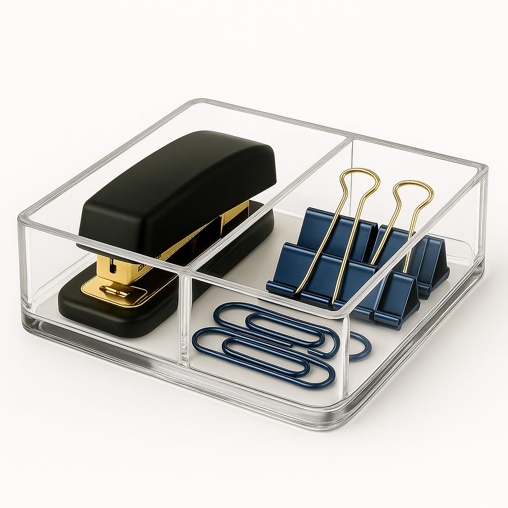 CLASSIC ACRYLIC Paper Clip Holder w/ Adjustable Compartment includes Premium Gift Box. Great Gift for Christmas. Durable & Stylish Desk Organizer for Office Supplies & Sticky Note/Post it Note Holder.